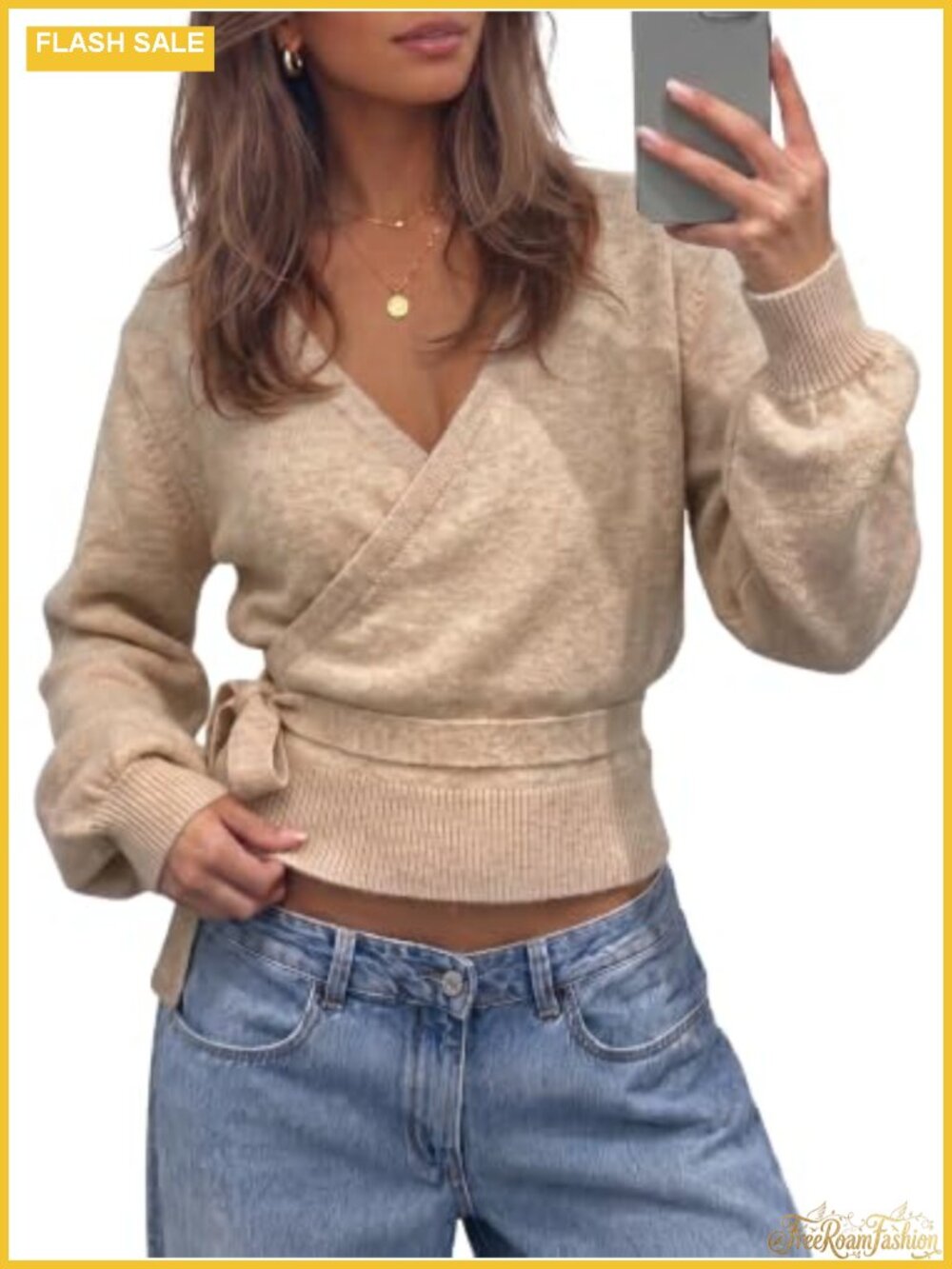 Fisoew Womens V Neck Wrap Cardigan Sweaters Casual Tie Belted Long Lantern